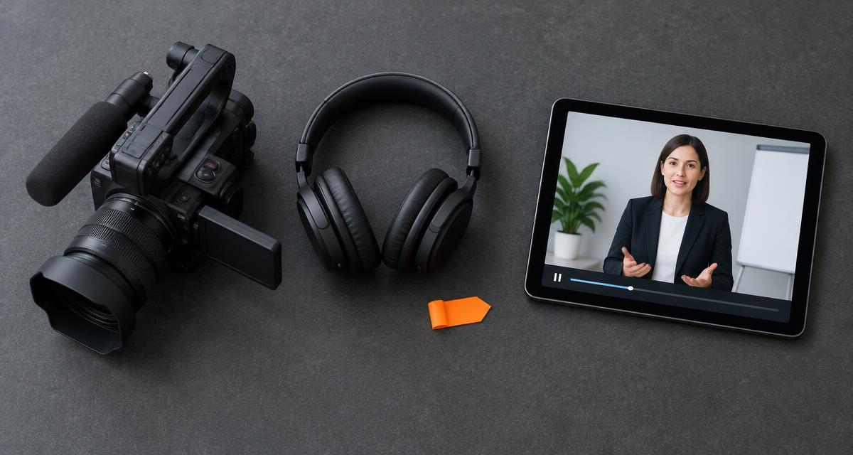 Video camera and headphones beside a tablet playing a business training presentation